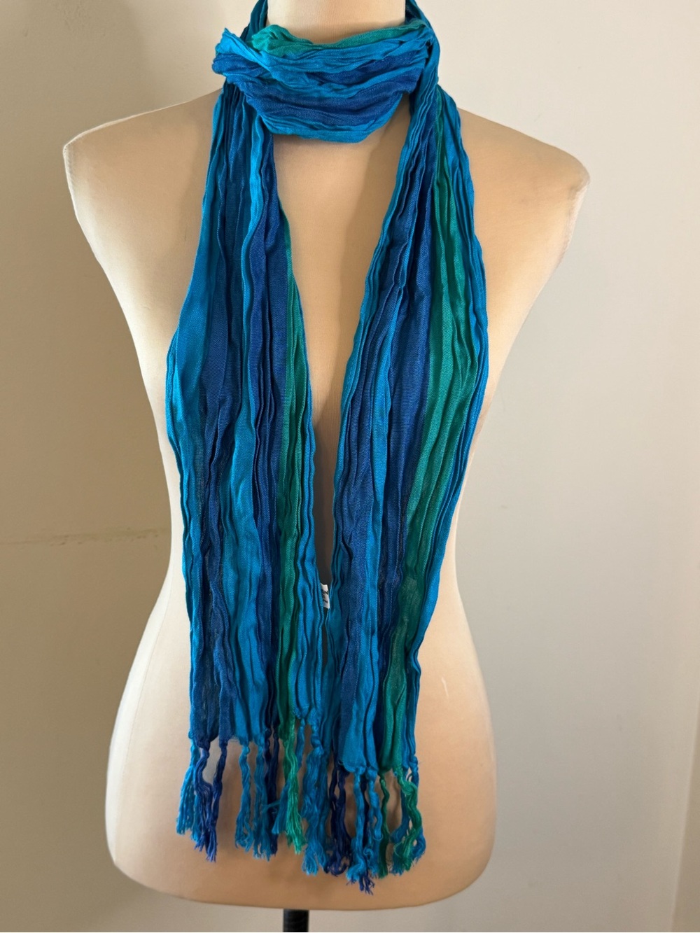 Boho teal green striped fringe gauzy long scarf accessory versatile 68”